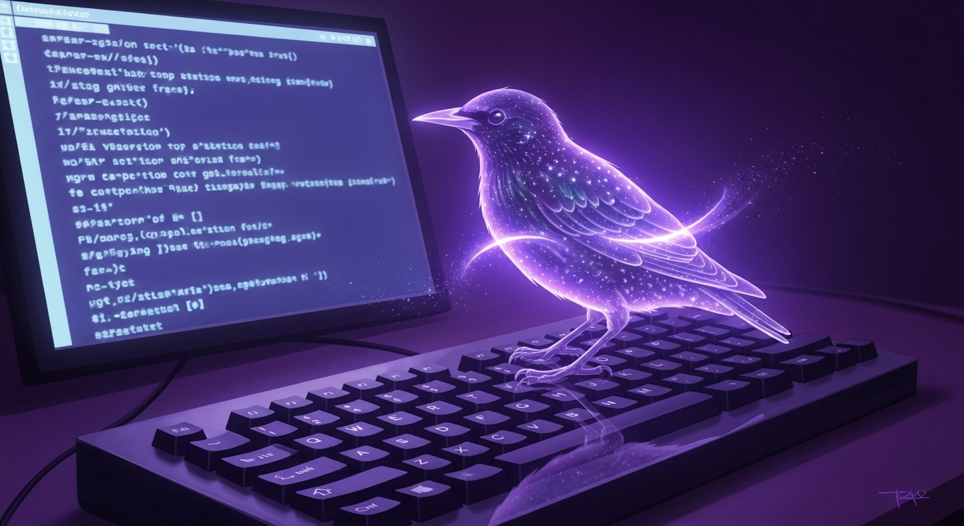 A glowing starling companion creature in a purple terminal