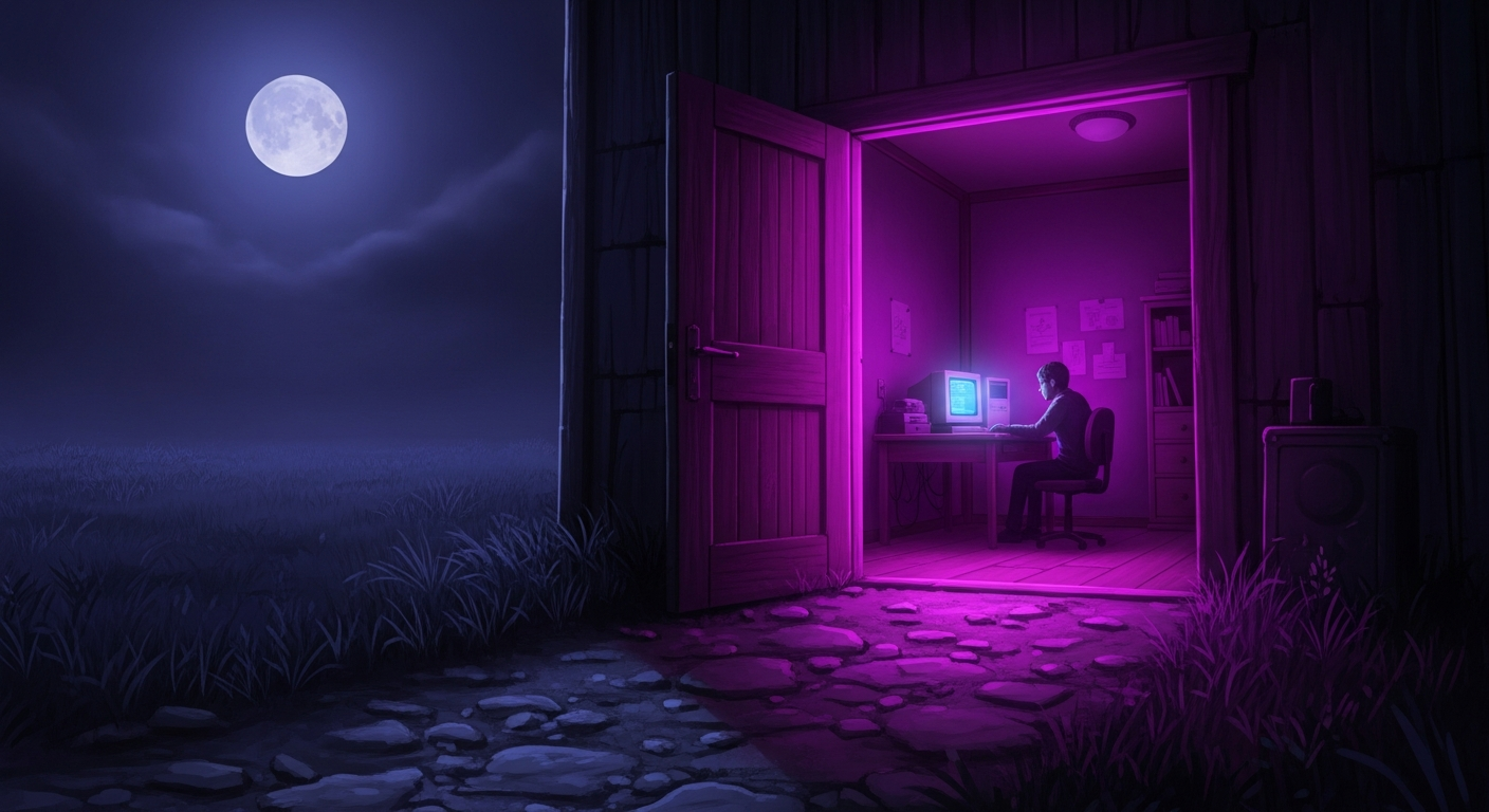 A purple-lit room at night with one figure inside and an open door spilling light onto a path