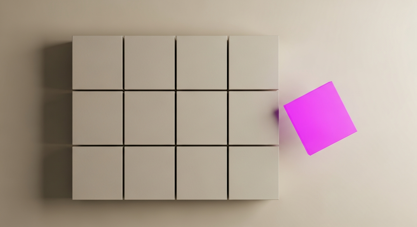 A 3x4 grid of identical matte beige cubes with one vivid purple cube tilted out of place, breaking the grid
