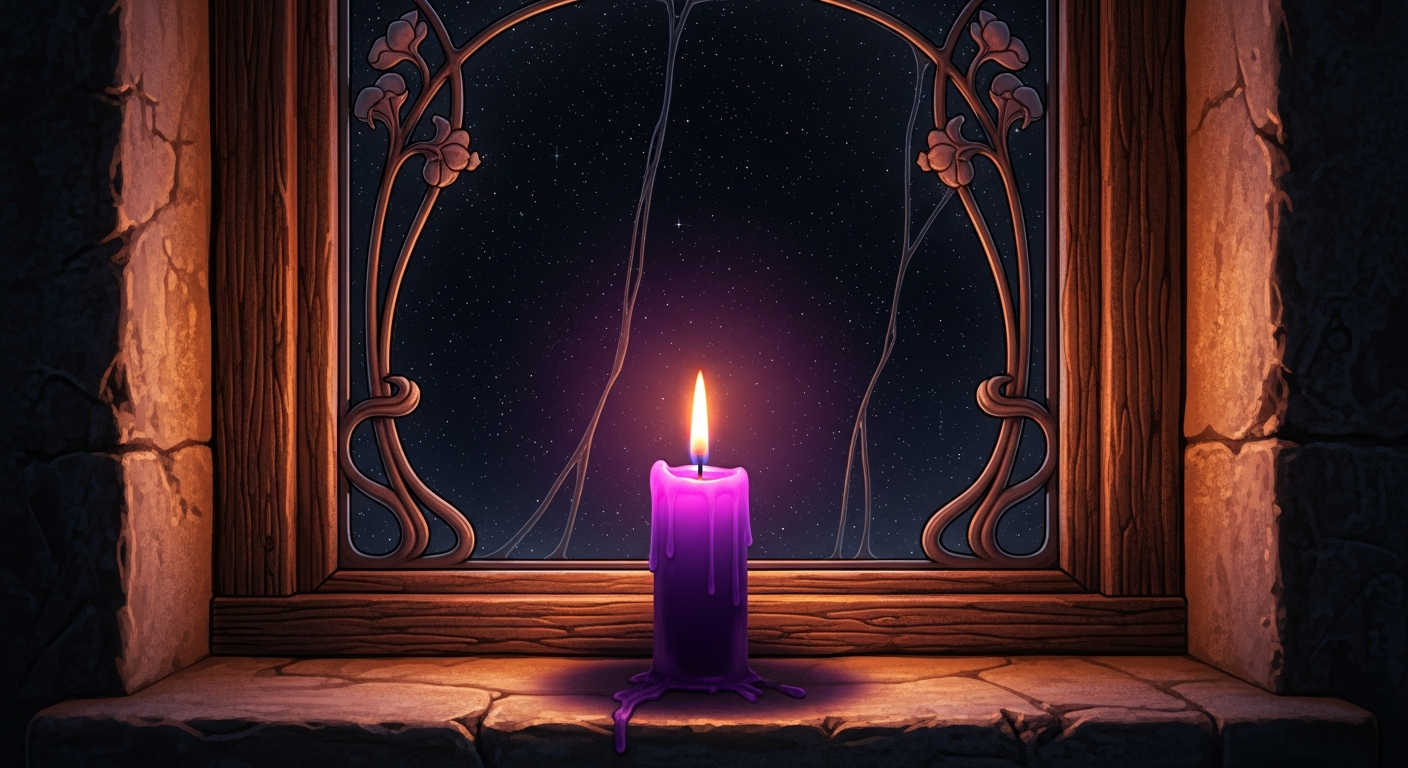 A lit purple candle on a stone windowsill at night, framed by an art-nouveau wooden window, starfield visible through old glass