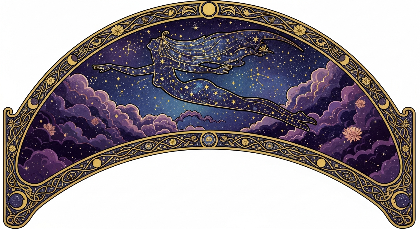 Art nouveau arch showing the Egyptian goddess Nut arching across a starry night sky, deep violet clouds below, gold filigree framing