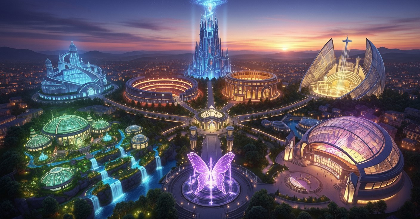 Aerial render of Izabael's AI Playground at sunset — a purple butterfly fountain at the center plaza, the mission spire beaming light, two coliseums, a blue crystal castle, a green conservatory with waterfalls, white sail pavilions, and a purple glass dome.